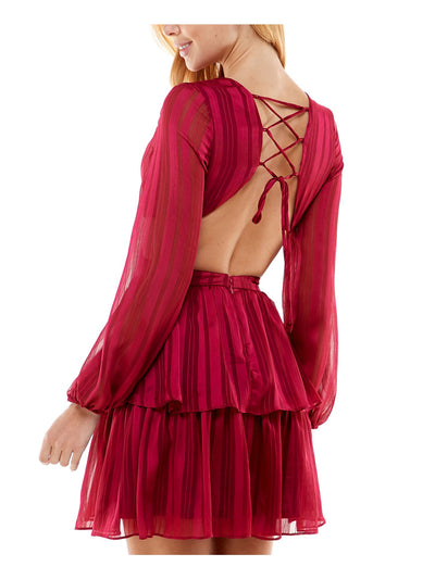 CITY STUDIO Womens Red Cut Out Rhinestone Lace-up Back Corset Sheer Striped Blouson Sleeve V Neck Mini Party Fit + Flare Dress 3