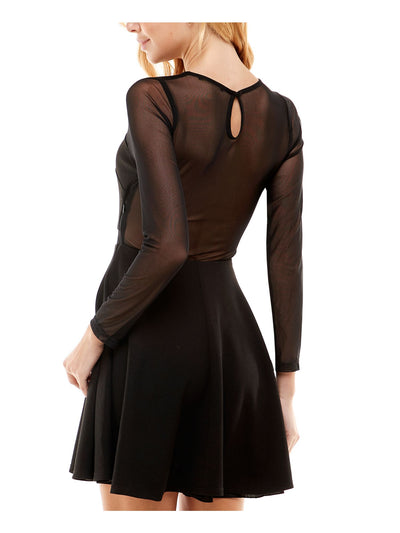 CITY STUDIO Womens Black Zippered Sheer Illusions Detail Long Sleeve Asymmetrical Neckline Mini Party Fit + Flare Dress Juniors 11