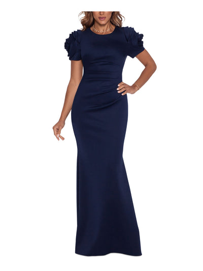 XSCAPE Womens Navy Zippered Ruched Lined Pleated Floral Detail Pouf Sleeve Round Neck Full-Length Formal Gown Dress 12