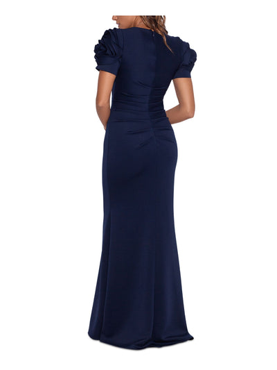 XSCAPE Womens Navy Zippered Ruched Lined Pleated Floral Detail Pouf Sleeve Round Neck Full-Length Formal Gown Dress 12