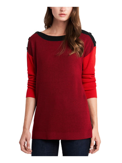 VINCE CAMUTO Womens Red Ribbed Sheer Button Detail Vented Sides Color Block Long Sleeve Boat Neck Sweater L