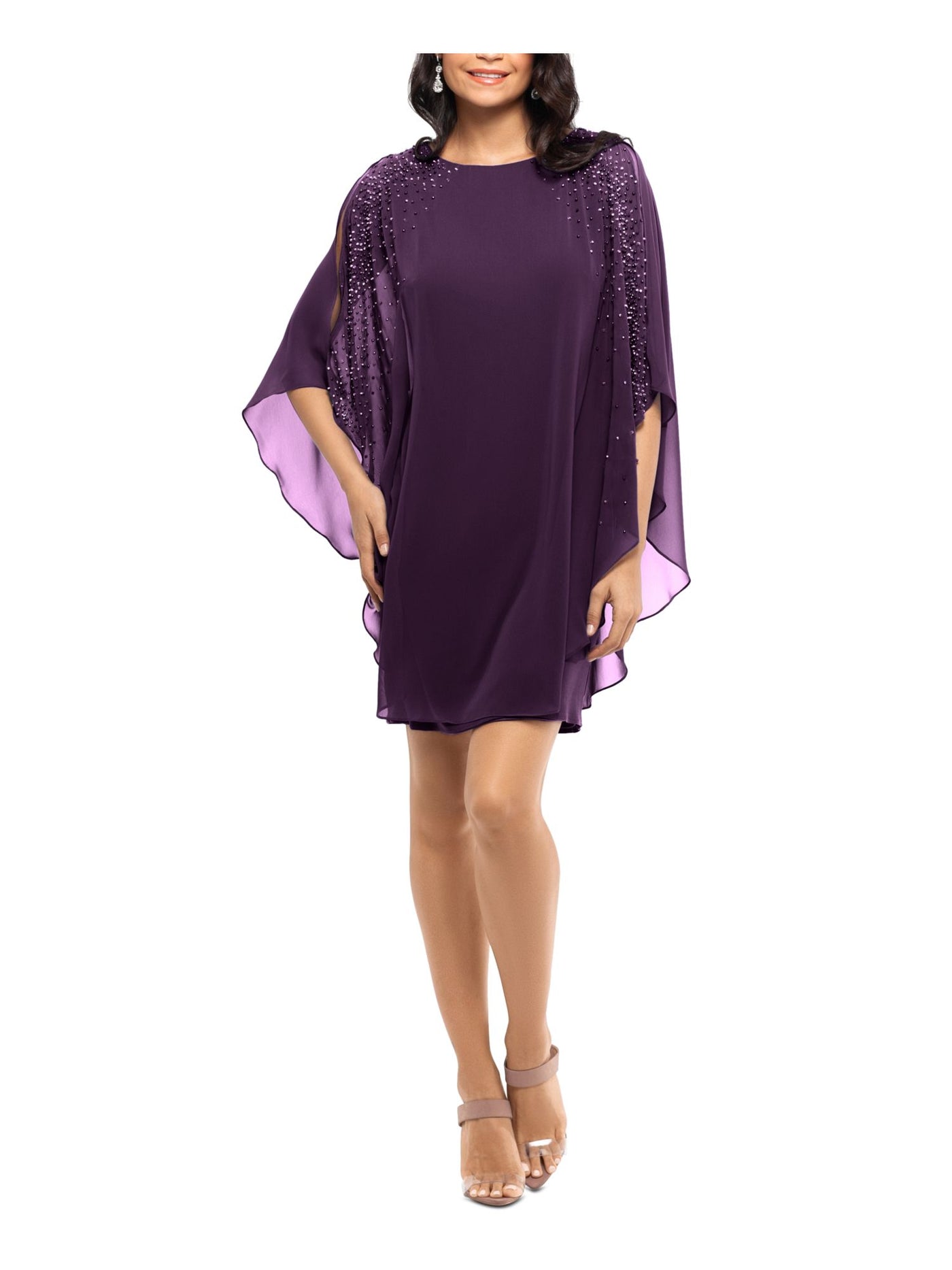 X BY XSCAPE Womens Purple Beaded Slitted 3/4 Sleeve Overlay Pullover Round Neck Short Evening Sheath Dress Petites 12P