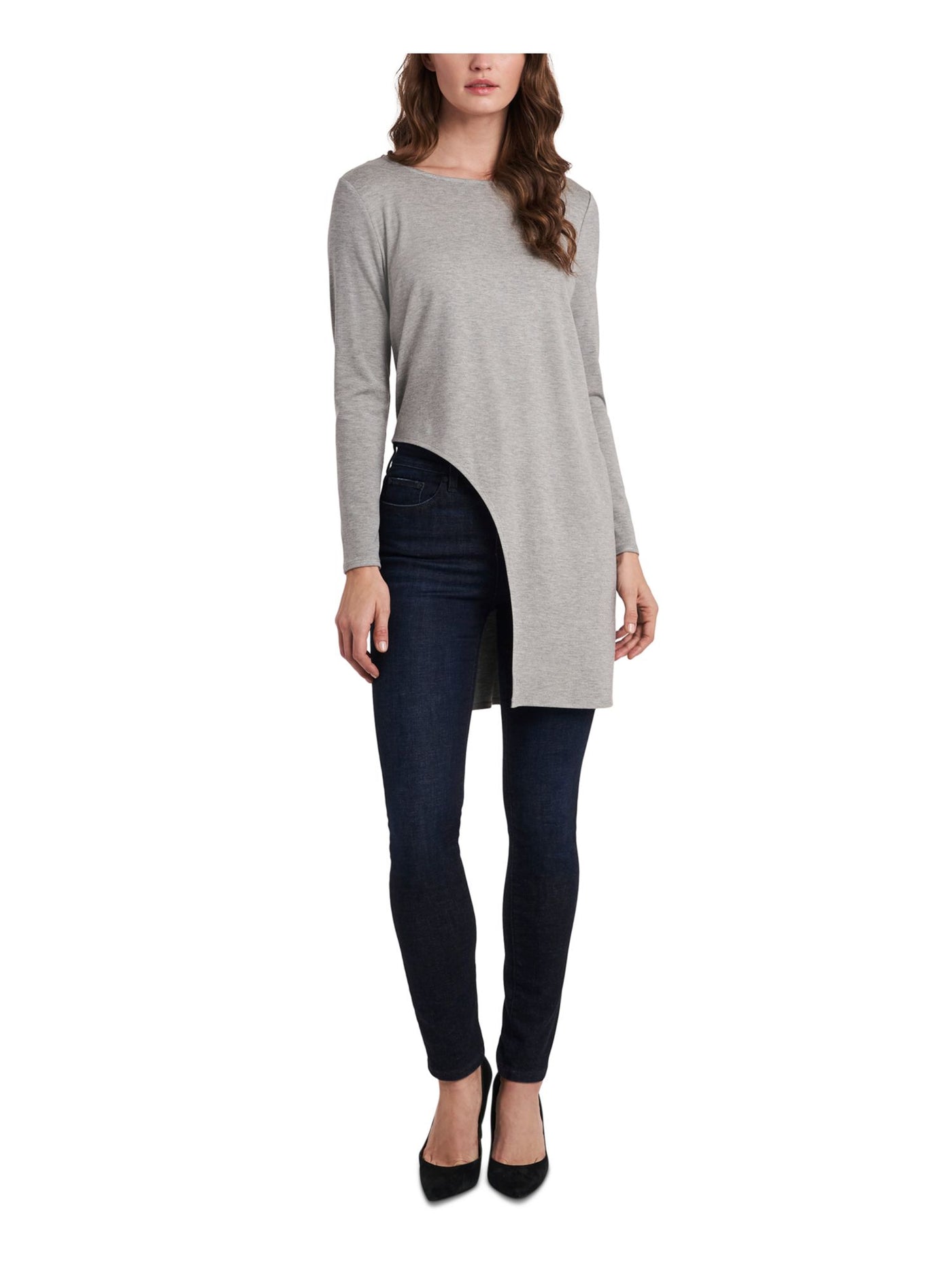 VINCE CAMUTO Womens Gray Cut Out Darted Asymmetrical Heather Long Sleeve Round Neck Tunic Top M