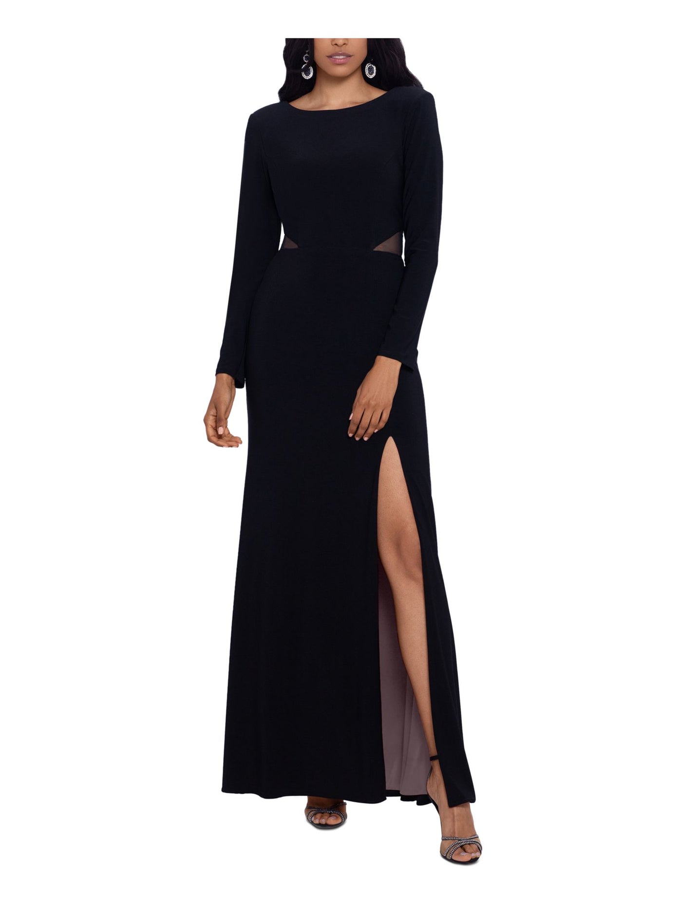 XSCAPE Womens Black Stretch Slitted Zippered Illusion Inset Waist Lined Long Sleeve Round Neck Full-Length Formal Fit + Flare Dress 10