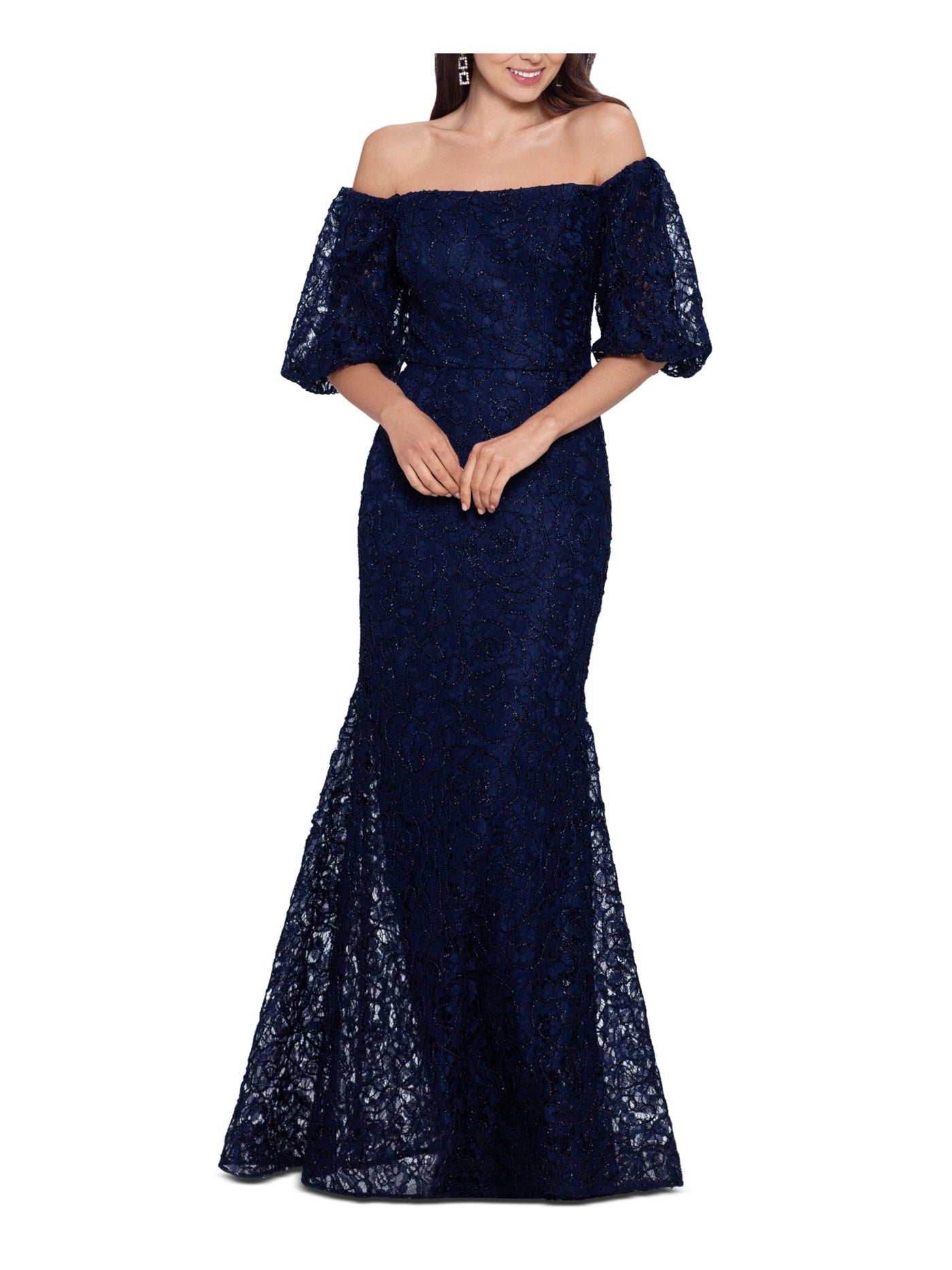 XSCAPE Womens Navy Zippered Embellished Fitted Textured Structured Pouf Sleeve Off Shoulder Full-Length Evening Gown Dress 4