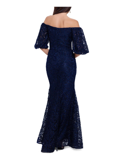 XSCAPE Womens Navy Zippered Embellished Fitted Textured Structured Pouf Sleeve Off Shoulder Full-Length Evening Gown Dress 4