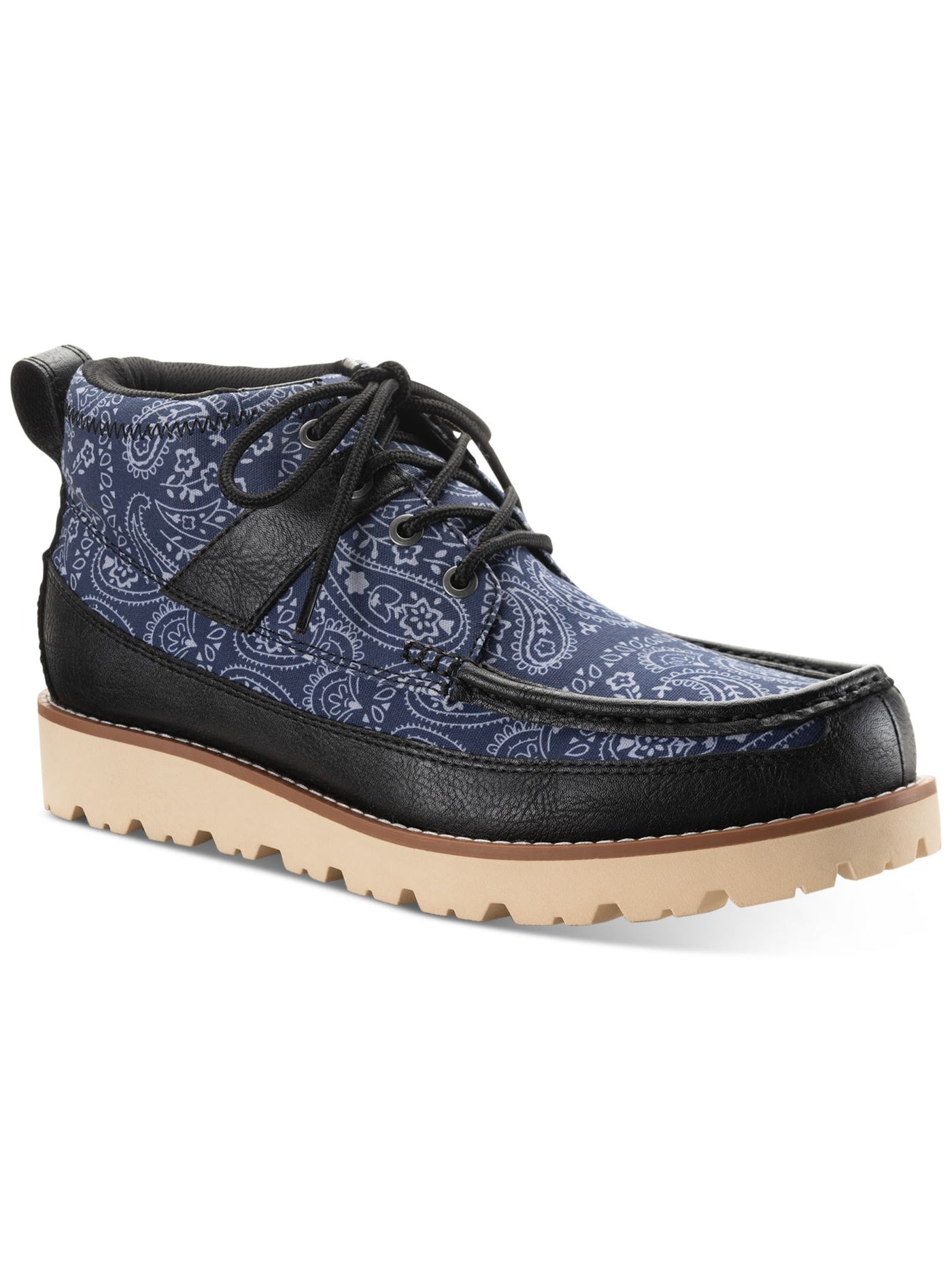 SUN STONE Mens Navy Mixed Media Back Pull-Tab Padded  Collar Cushioned Treaded Kohen Round Toe Wedge Lace-Up Boots Shoes 7 M