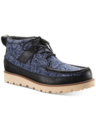 SUN STONE Mens Navy Mixed Media Back Pull-Tab Padded  Collar Cushioned Treaded Kohen Round Toe Wedge Lace-Up Boots Shoes 7 M