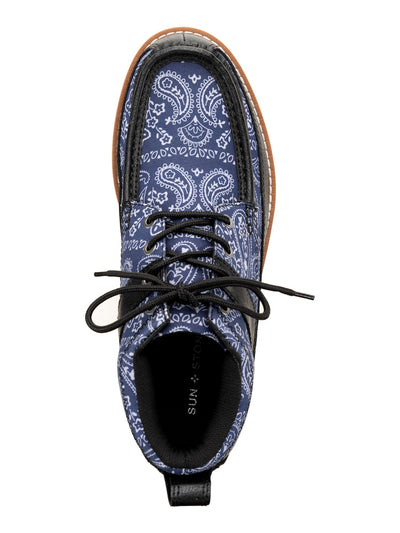 SUN STONE Mens Navy Mixed Media Back Pull-Tab Padded  Collar Cushioned Treaded Kohen Round Toe Wedge Lace-Up Boots Shoes 7 M