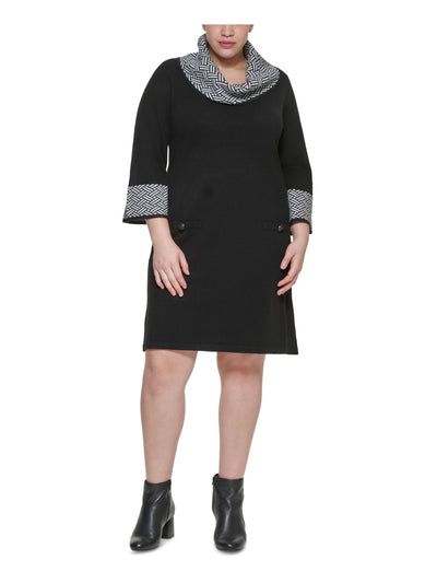 JESSICA HOWARD Womens Black Knit 3/4 Sleeve Cowl Neck Above The Knee Sweater Dress Plus 1X