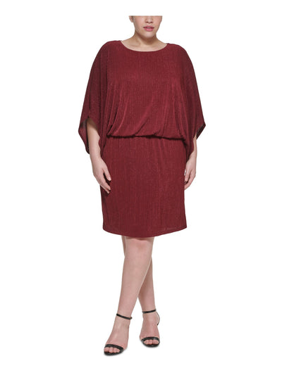 JESSICA HOWARD Womens Burgundy Stretch Metallic 3/4 Sleeve Round Neck Knee Length Evening Blouson Dress Plus 24W