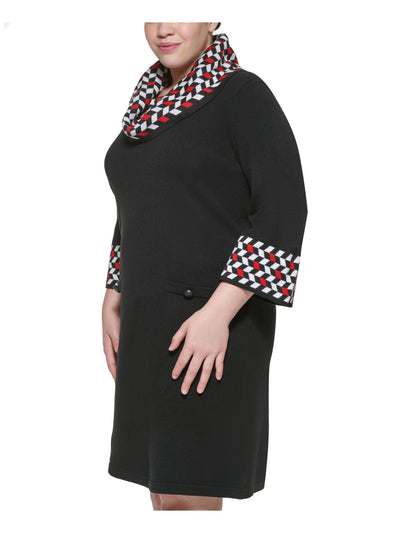 JESSICA HOWARD Womens Black Stretch Ribbed Button Trim Printed Bell Sleeve Cowl Neck Knee Length Sweater Dress Plus 1X