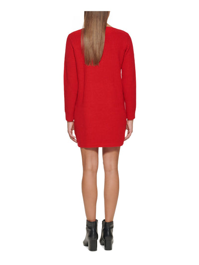 TOMMY HILFIGER Womens Red Long Sleeve Boat Neck Short Sweater Dress L
