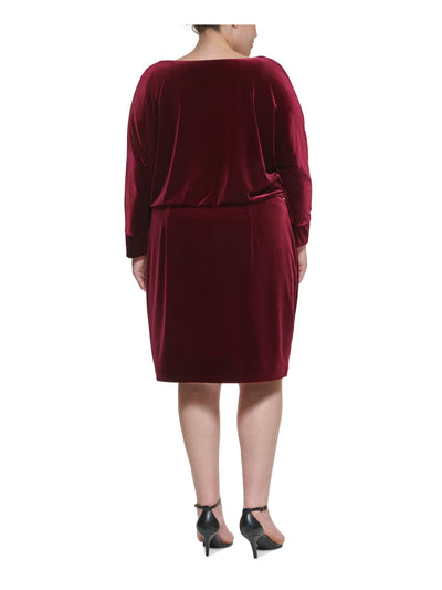 JESSICA HOWARD Womens Burgundy Long Sleeve Cowl Neck Knee Length Party Blouson Dress Plus 20W