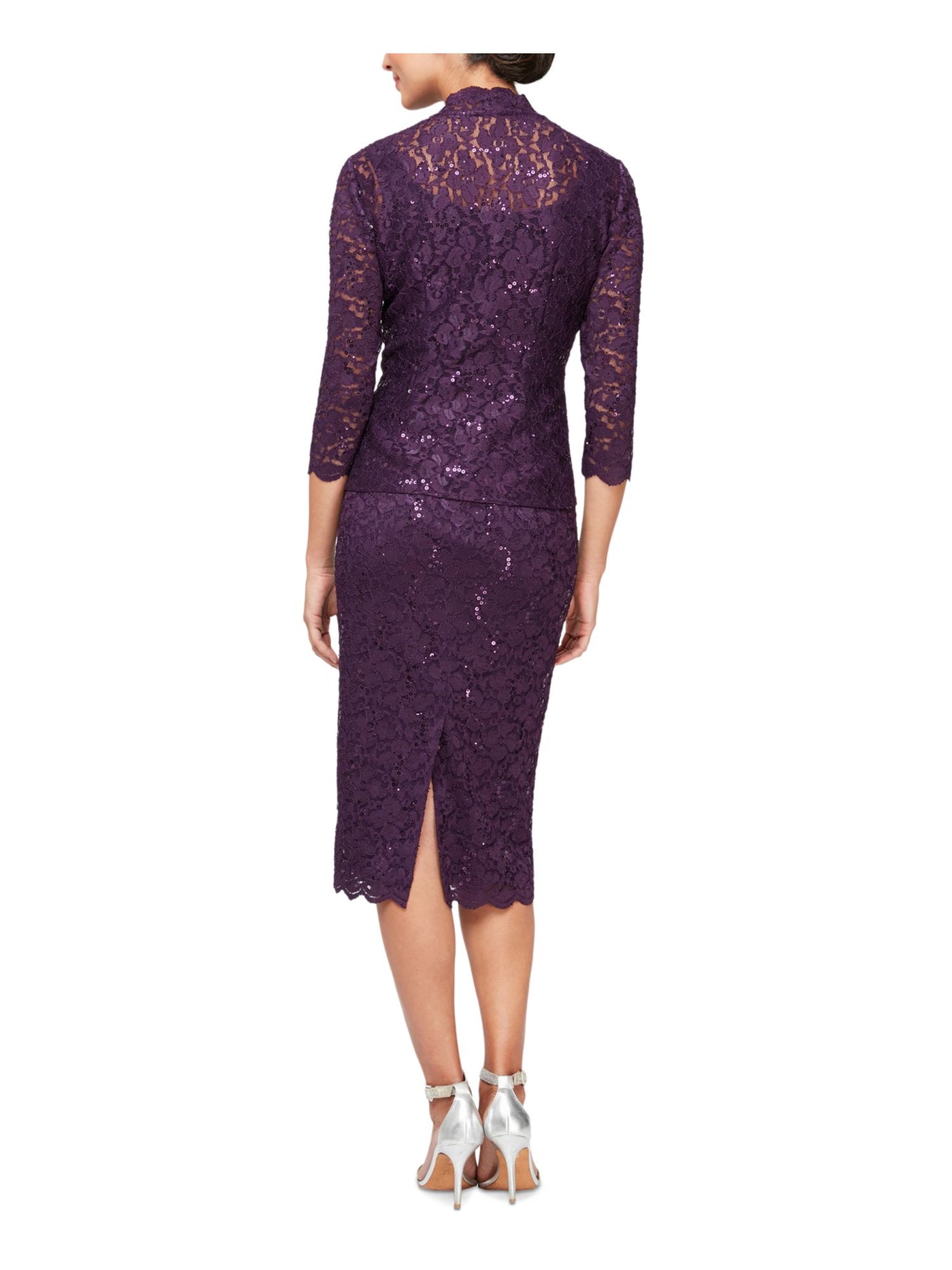 SLNY Womens Purple Sequined Zippered Lined Slit Scalloped Floral Sleeveless Scoop Neck Below The Knee Evening Sheath Dress Petites 8P