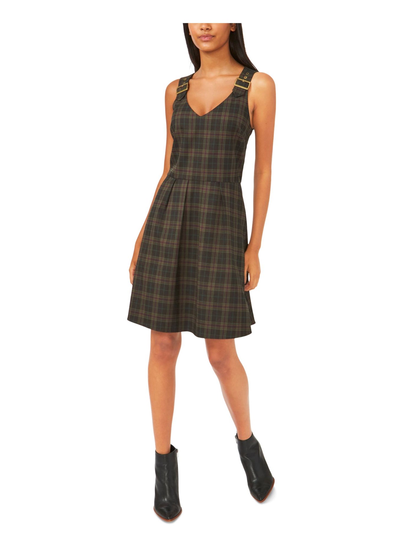 RILEY&RAE Womens Black Zippered Pleated Belted Shoulder Strap Lined Plaid Sleeveless V Neck Above The Knee A-Line Dress 8