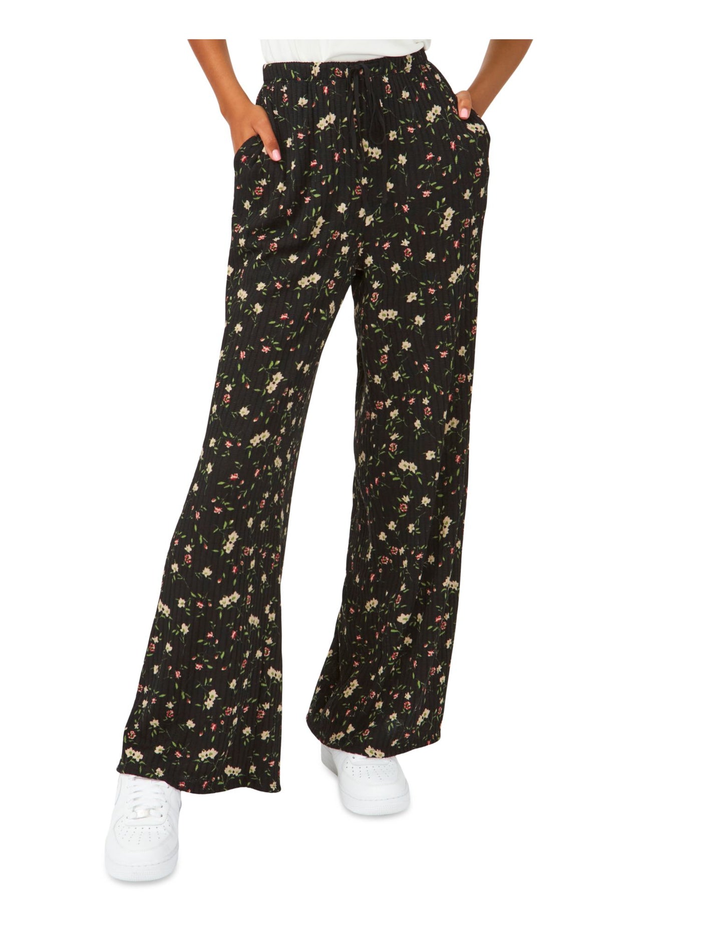 RILEY&RAE Womens Black Ribbed Pocketed Drawstring Waist Floral Wide Leg Pants XL