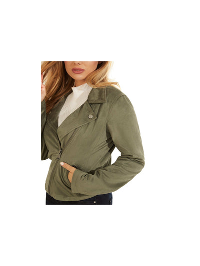 GUESS Womens Green Zippered Pocketed Button Details Lined Motorcycle Jacket L