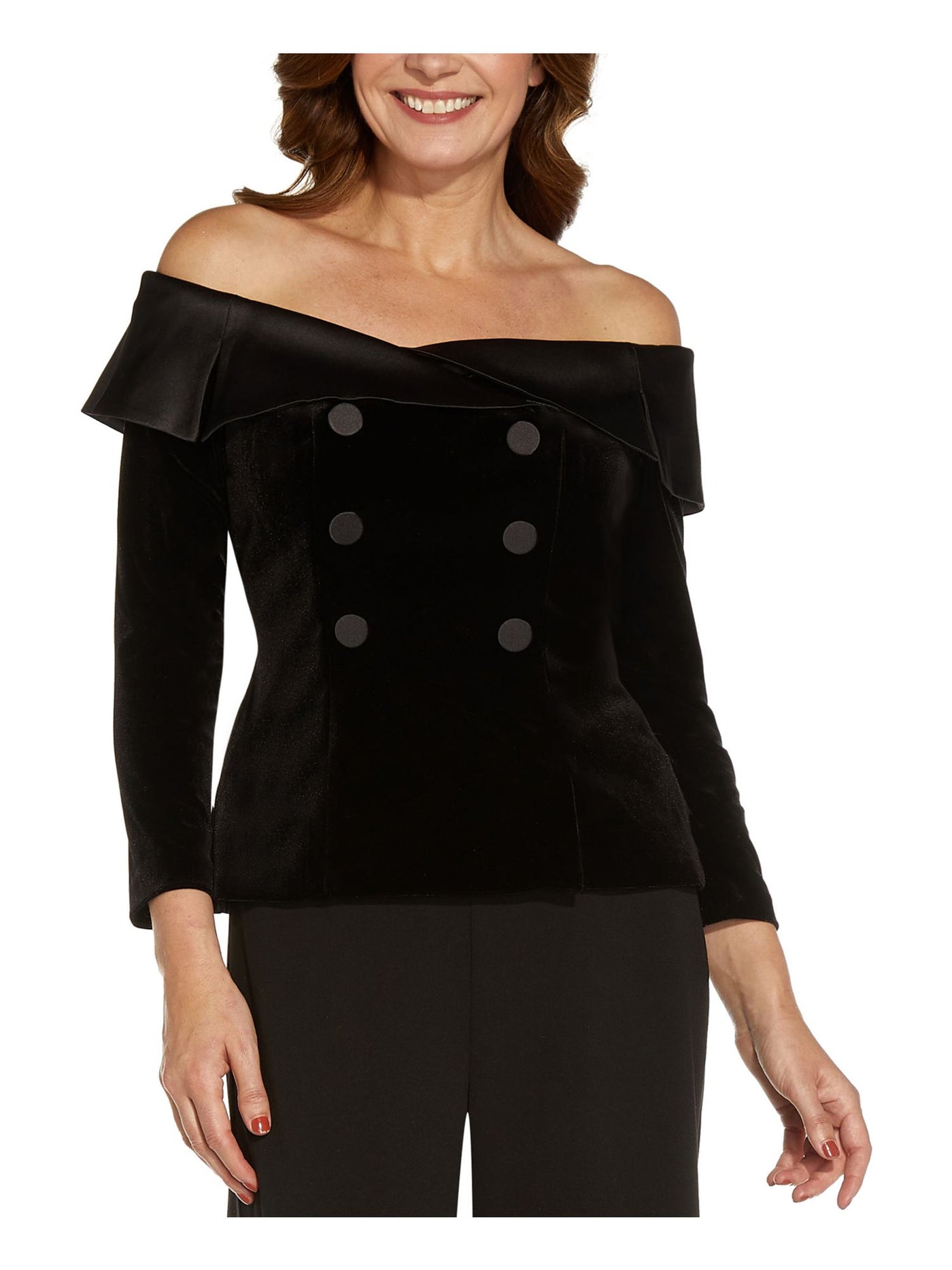 ADRIANNA PAPELL Womens Black Zippered Slitted Decorative Buttons Lined Long Sleeve Off Shoulder Evening Top 10