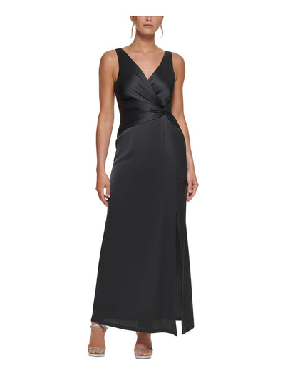 DKNY Womens Black Ruched Zippered Knotted Front Slitted Sleeveless Surplice Neckline Full-Length Formal Gown Dress 12