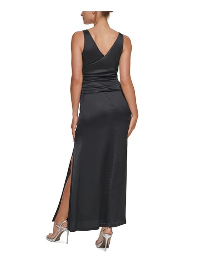 DKNY Womens Black Ruched Zippered Knotted Front Slitted Sleeveless Surplice Neckline Full-Length Formal Gown Dress 12