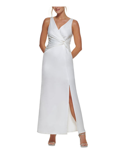 DKNY Womens Ruched Zippered Knotted Front Slitted Sleeveless Surplice Neckline Full-Length Formal Gown Dress