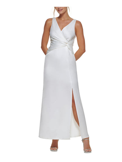 DKNY Womens White Ruched Zippered Knotted Front Slitted Sleeveless Surplice Neckline Full-Length Formal Gown Dress 6