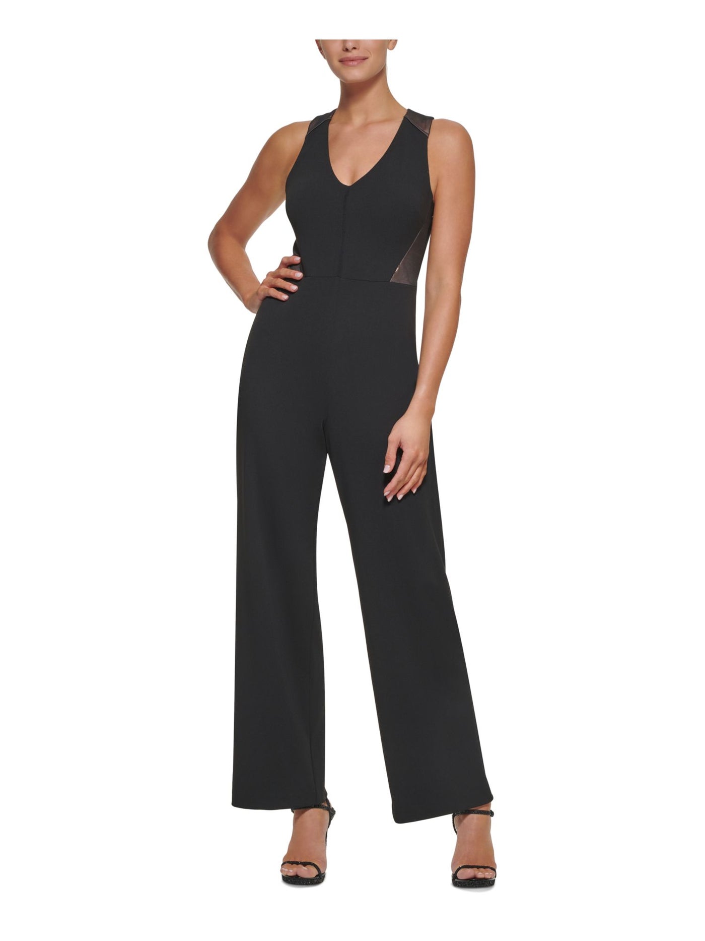 DKNY Womens Black Textured Zippered X Back With Keyhole Color Block Sleeveless V Neck Wide Leg Jumpsuit 4