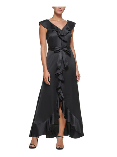 DKNY Womens Black Ruffled Zippered Tie Belt Cutaway Hem Flutter Sleeve V Neck Full-Length Evening Fit + Flare Dress 2