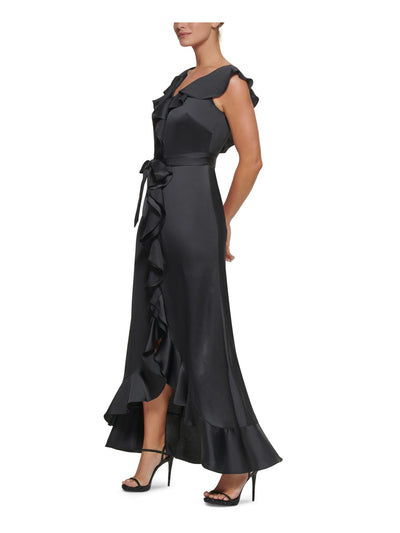 DKNY Womens Black Ruffled Zippered Tie Belt Cutaway Hem Flutter Sleeve V Neck Full-Length Evening Fit + Flare Dress 2