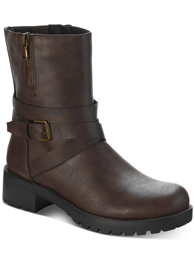 SUN STONE Womens Brown Buckle Accent Cushioned Stellaa Round Toe Block Heel Zip-Up Riding Boot 9 M