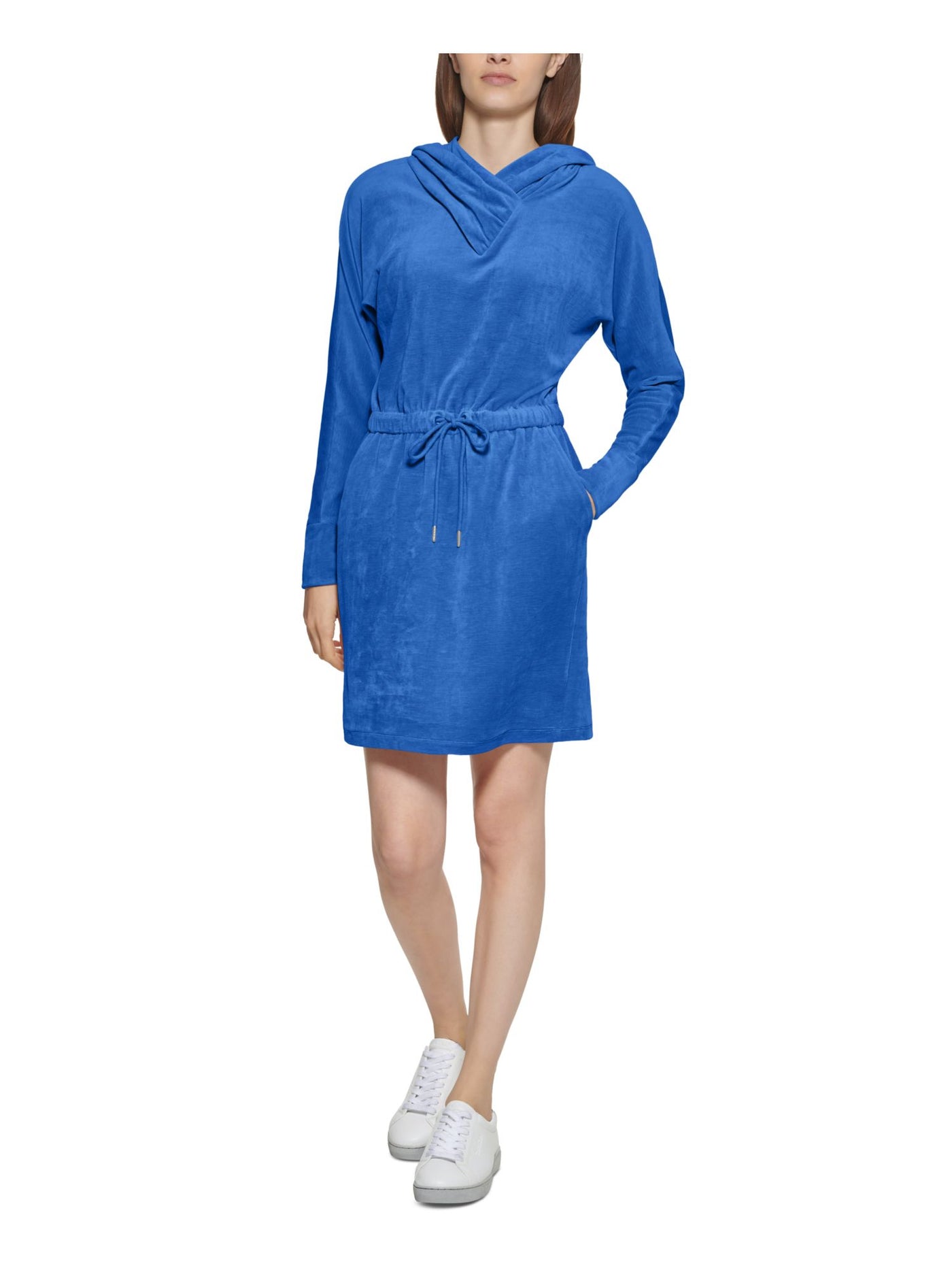 CALVIN KLEIN Womens Blue Stretch Long Sleeve V Neck Above The Knee Shift Dress S