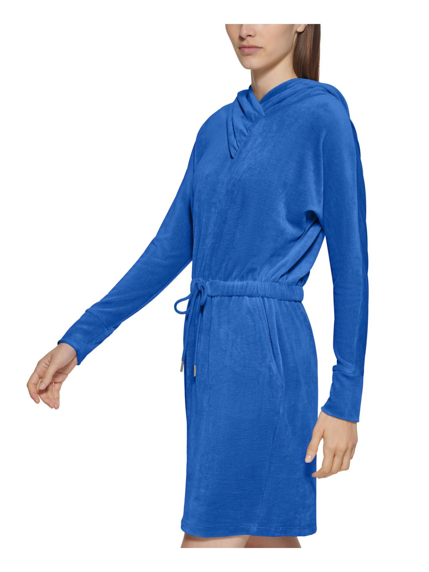 CALVIN KLEIN Womens Blue Stretch Long Sleeve V Neck Above The Knee Shift Dress M