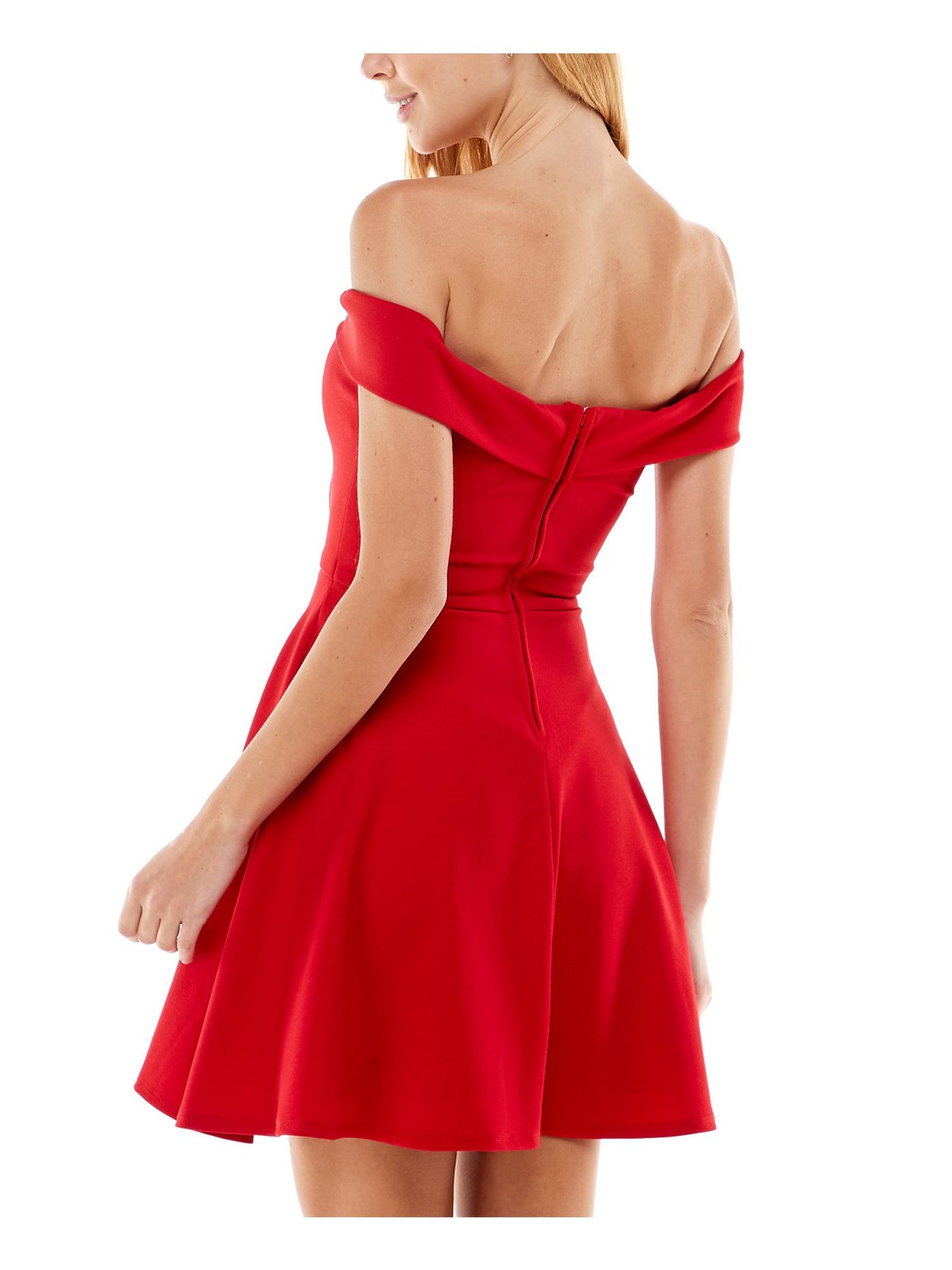 CITY STUDIO Womens Red Stretch Cut Out Zippered Lined Cap Sleeve Off Shoulder Short Cocktail Fit + Flare Dress Juniors 0