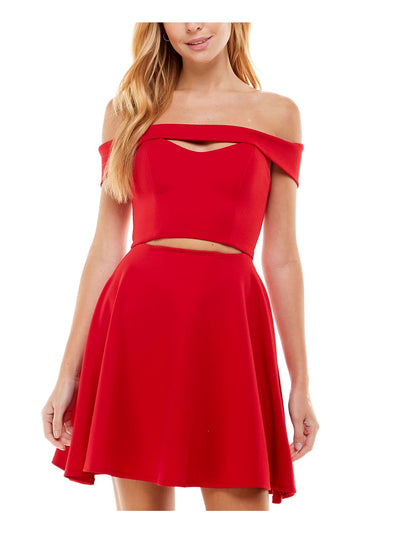 CITY STUDIO Womens Red Stretch Cut Out Zippered Lined Cap Sleeve Off Shoulder Short Cocktail Fit + Flare Dress 1