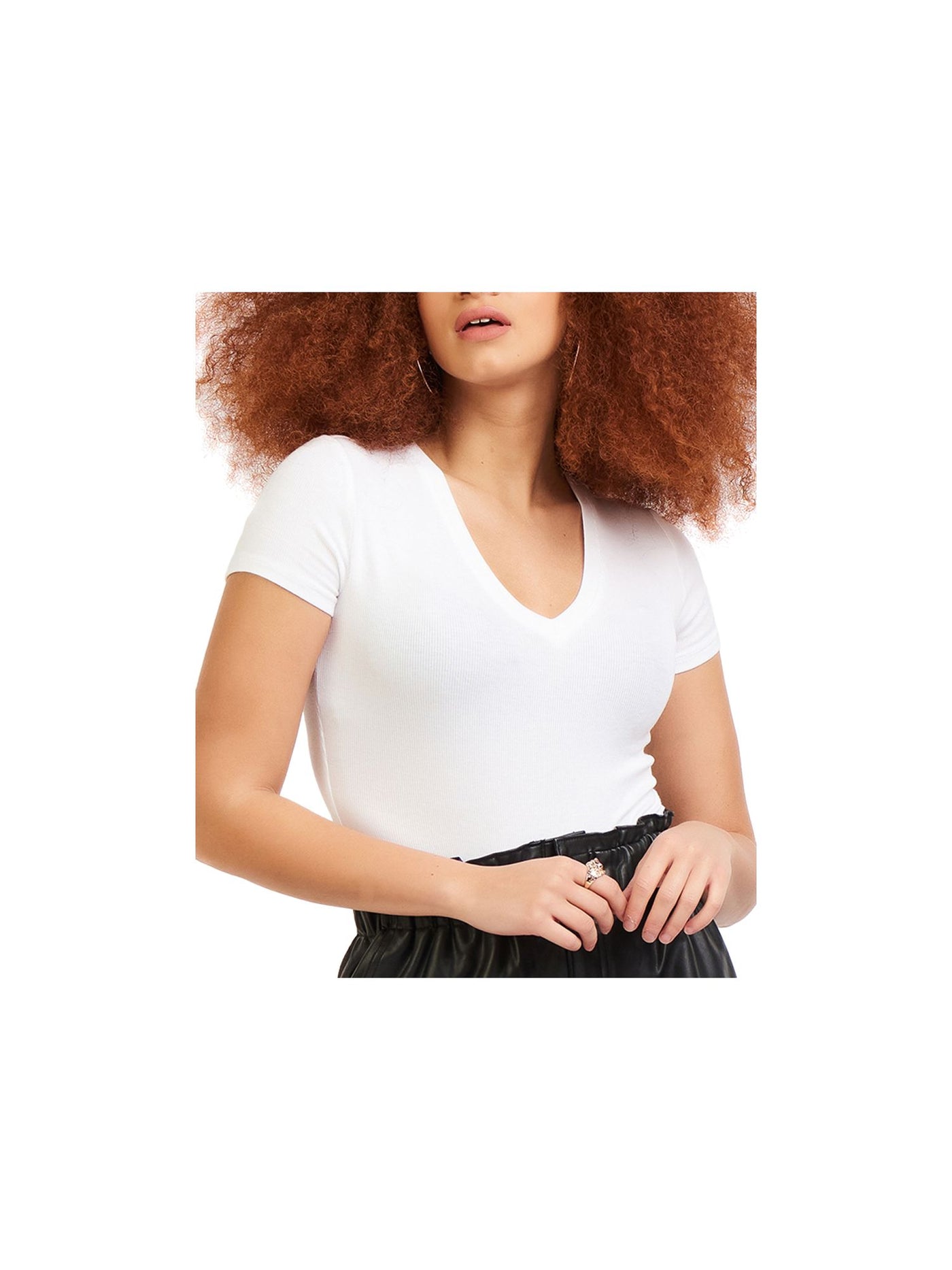 BLACK TAPE Womens White Ribbed V-neck Short Sleeve Snap Gusset Bodysuit M
