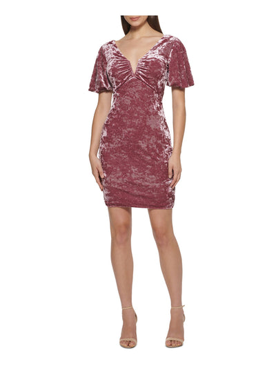 GUESS Womens Burgundy Textured Zippered Shirred At Neck Line Pouf Sleeve V Neck Short Party Body Con Dress 10