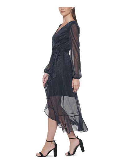 KENSIE DRESSES Womens Black Belted Zippered Ruffled Hi-lo Hem Blouson Sleeve Surplice Neckline Midi Wear To Work Faux Wrap Dress 6