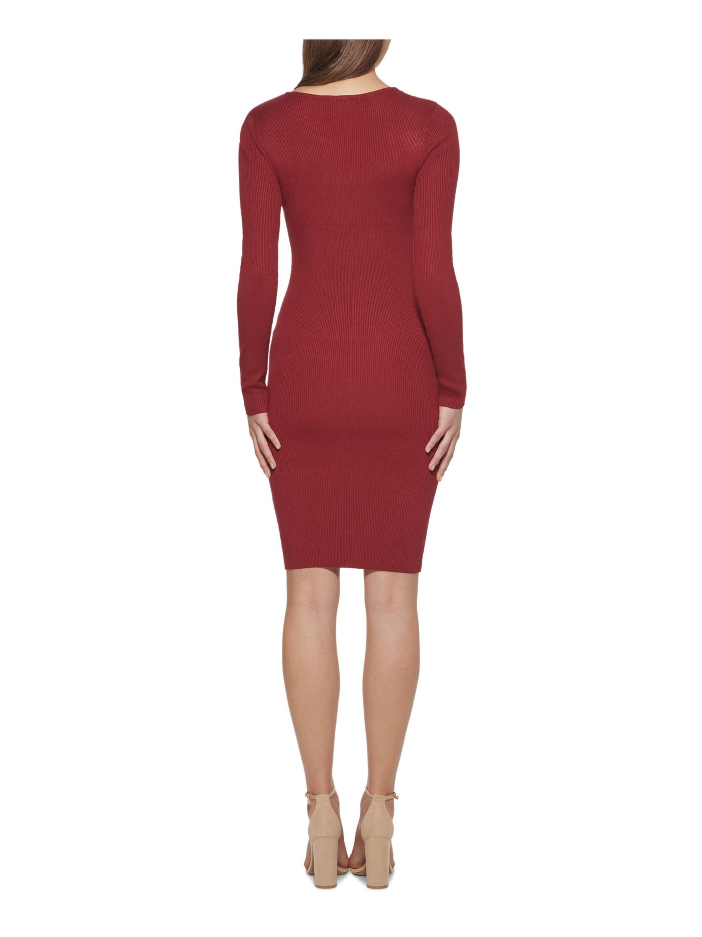 GUESS Womens Burgundy Knit Ribbed Fitted Body Con Long Sleeve Square Neck Below The Knee Cocktail Sweater Dress XL