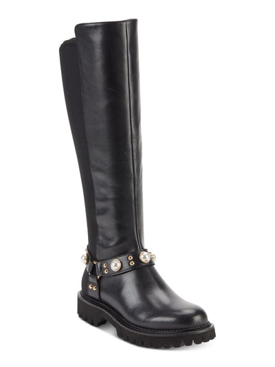 KARL LAGERFELD Womens Black Embellished Renley Round Toe Block Heel Leather Riding Boot 6