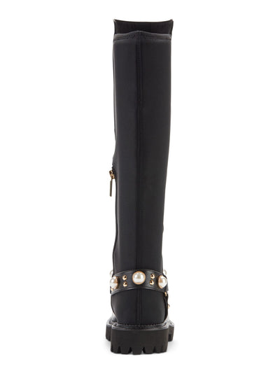 KARL LAGERFELD Womens Black Embellished Renley Round Toe Block Heel Leather Riding Boot 9.5