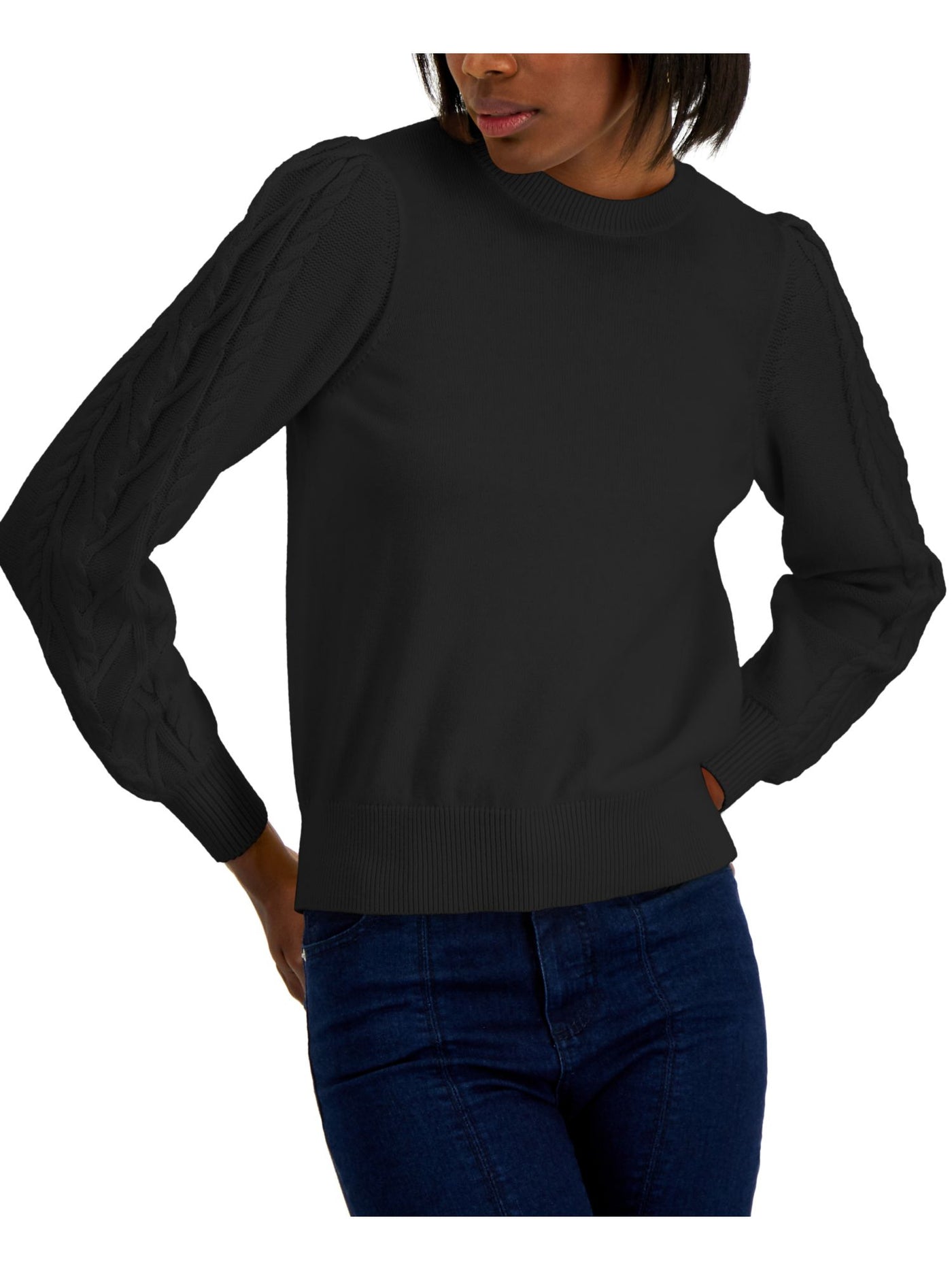 INC Womens Black Ribbed Cable-sleeve Long Sleeve Crew Neck Sweater XL