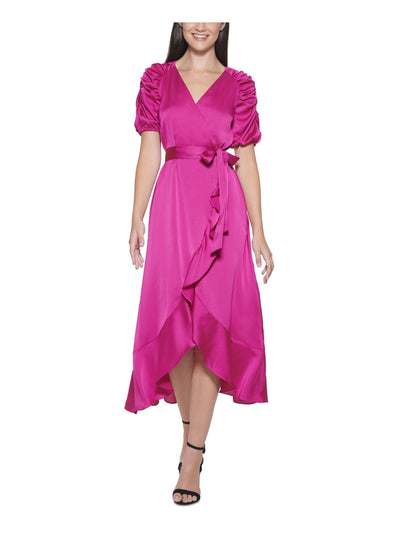 KENSIE Womens Pink Zippered Ruffled Ruched Sleeves Short Sleeve Surplice Neckline Midi Party Faux Wrap Dress 16