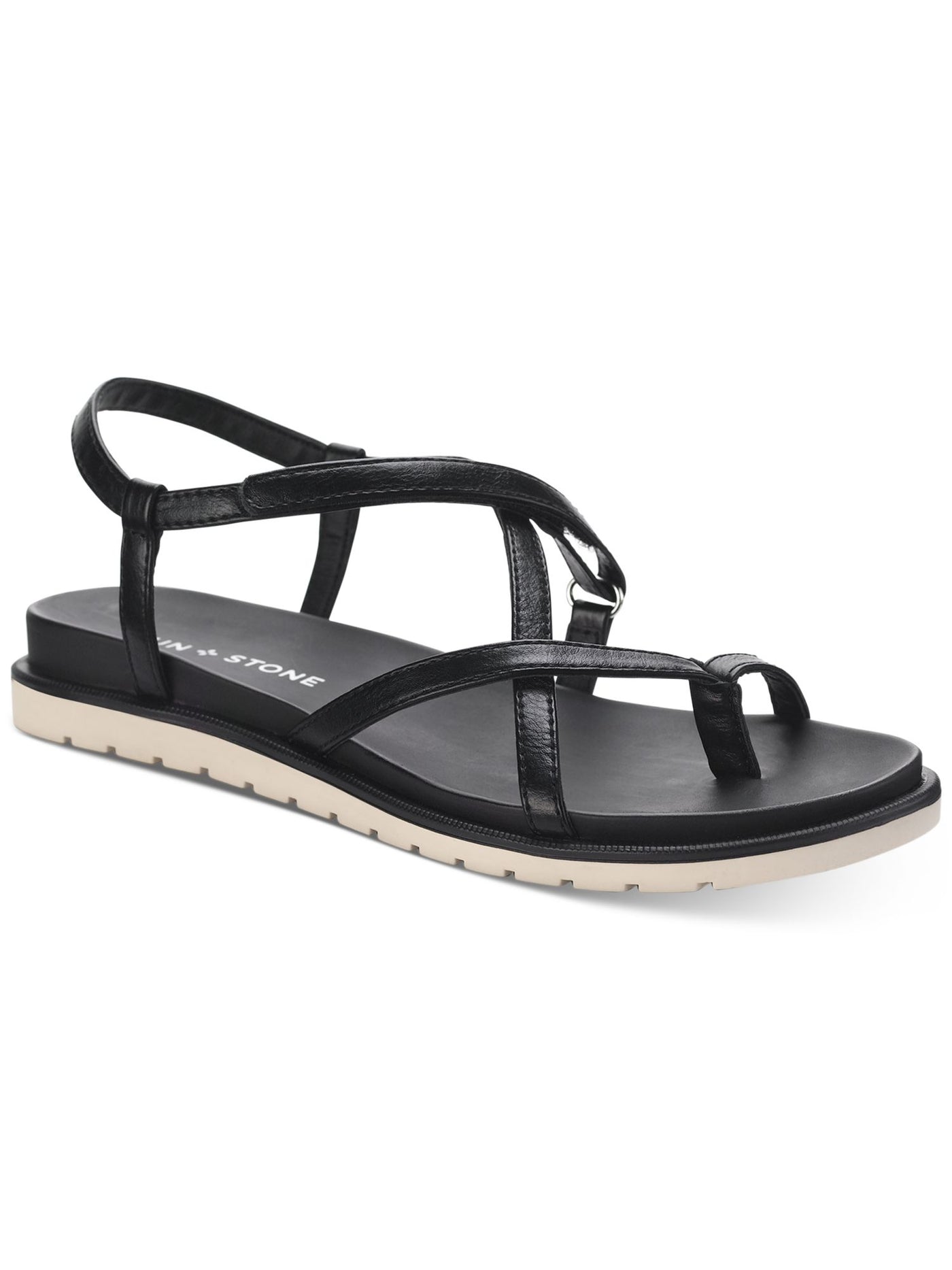 SUN STONE Womens Black Strappy Comfort Juune Round Toe Wedge Gladiator Sandals Shoes 8 M