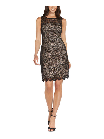 ADRIANNA PAPELL Womens Black Lace Zippered Scalloped Lined Sleeveless Boat Neck Above The Knee Cocktail Sheath Dress 2