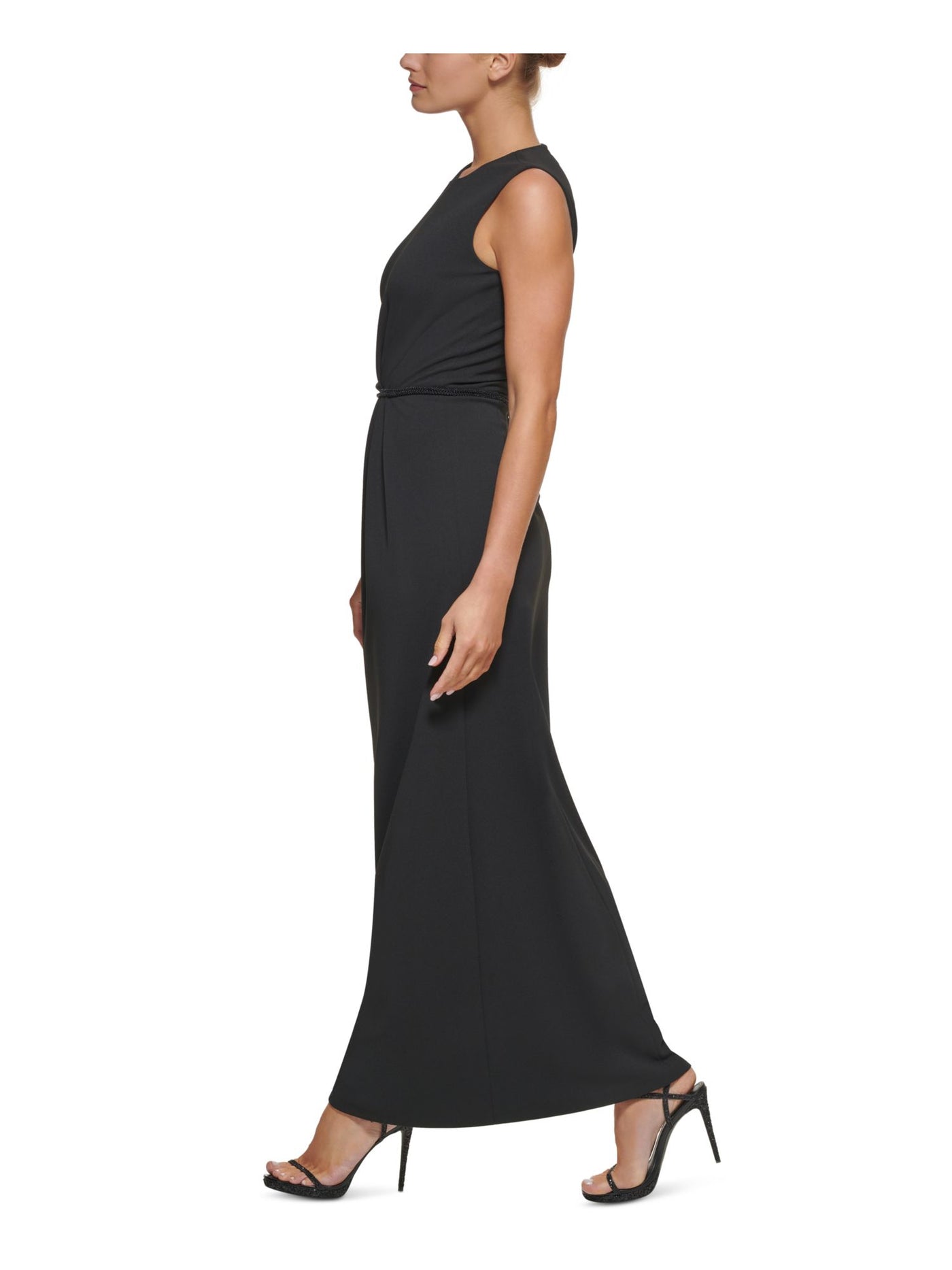 DKNY Womens Black Stretch Beaded Zippered Back Slit Lined Sleeveless Round Neck Full-Length Formal Gown Dress 16