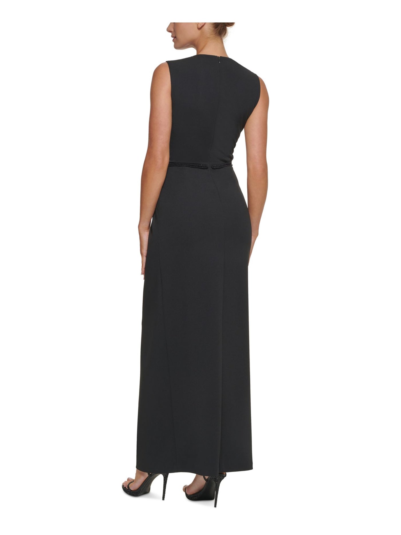 DKNY Womens Black Stretch Beaded Zippered Back Slit Lined Sleeveless Round Neck Full-Length Formal Gown Dress 4