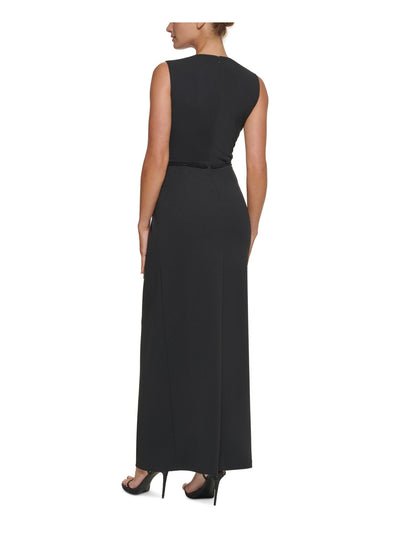 DKNY Womens Black Stretch Beaded Zippered Back Slit Lined Sleeveless Round Neck Full-Length Formal Gown Dress 16