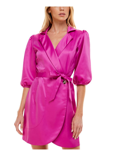 SPEECHLESS Womens Pink Pouf Sleeve Surplice Neckline Short Wrap Dress Juniors 1