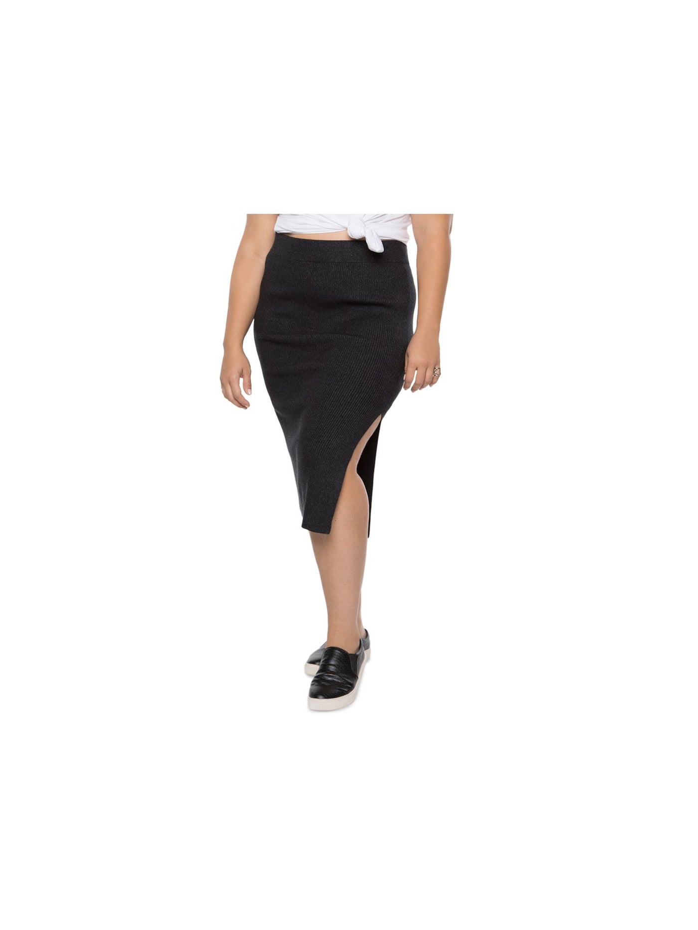 BLACK TAPE Womens Ribbed Slitted Midi Wear To Work Pencil Skirt